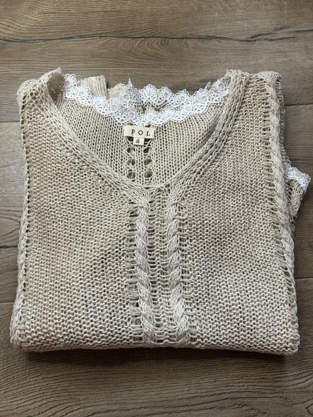 POL Cream V-Neck Lace-Trim Knit Sweater